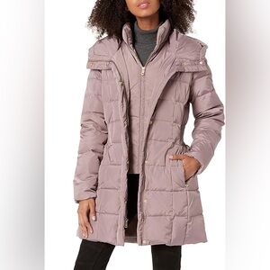 Cole Haan Signature Taffeta Down Coat Bib Front and Hood in Mauve Size Small